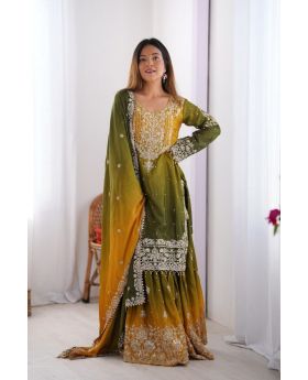 Mehandi Chinon Silk Sharara Kurta Set with Rivet Moti