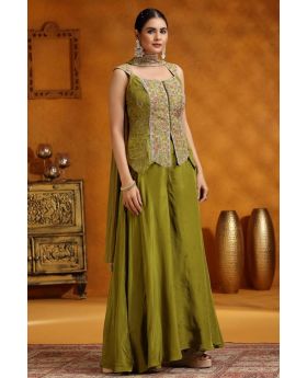 Mehandi Top & Palazzo Set with Sequined Chinon Dupatta