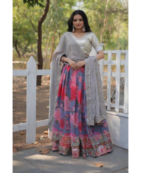 Digitally Printed Faux Multicolor Georgette Lehanga Dupatta with Choli