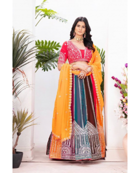 Multicolored Faux Choli Dupatta Set Sequence Work by Georgette Lehanga