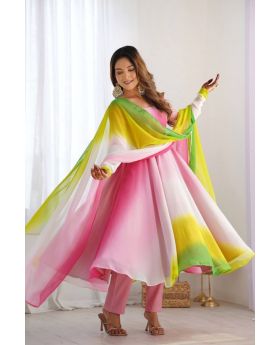 Multicolor Romansilk Chanderi Anarkali Pant Dupatta Suit Set