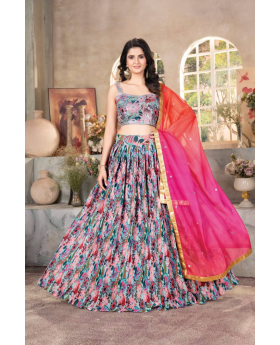 Digitally printed multicolored soft tabby orgenza lehanga choli with dupatta