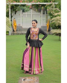 Multicolor Peplum Top & Rayon Lehenga Set Kutchi Gamthi Embroidery