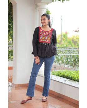 Multicolor Roman Fabric Peplum Kurti with Gamthi Work
