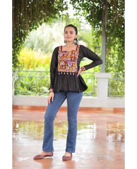 Multicolor Roman Fabric Peplum Kurti with Gamthi Work