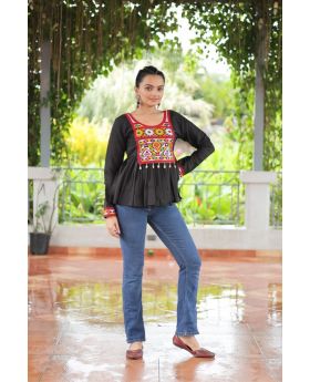 Multicolor Roman Fabric Peplum Kurti with Gamthi Work