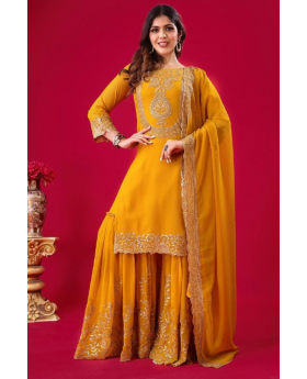Blooming Faux Mustard Embroidered Georgette Sharara Dupatta Set
