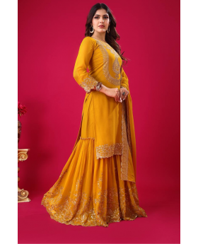 Blooming Faux Mustard Embroidered Georgette Sharara Dupatta Set