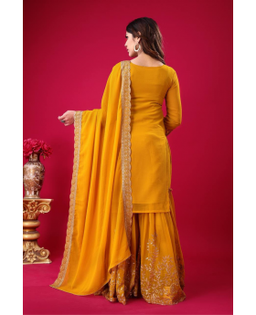 Faux Mehandi Blooming Three Pieces of Georgette Sharara Kurta Dupatta Suit Set.