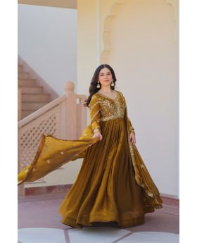 Mustard Fendy Fabric Gown With Dupatta Sequins Embroidered work