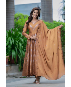 Embroidered Mustard Pure Chinon Silk Kurta Dupatta Gown Suit Set.