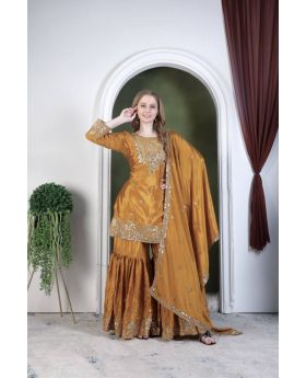 Mustard Pure Chinon Silk Sharara Dupatta Pant Sharara Suit