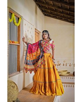 Mustard Rayon Navratri Lehanga Choli With Mirror