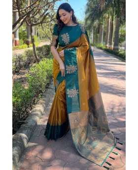 Little designs on a mustard soft silk saree
