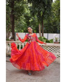 Navratri Gown in Laheriya & Bandhej Print with Kutchi Work 