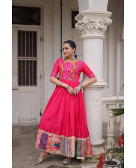 Navratri Roman Silk Gown with Thread & Mirror Work
