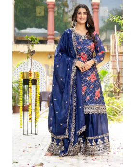 Embroidered Navy Blue Chinon Kurta Dupatta Pant Sharara Suit Set