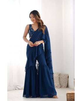 Navy Blue Pure Faux Georgette Sharara Saree Embroidered