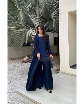 Navy Blue Pure Natural Crep Silk Kurta Plazo Dupatta Suit Set