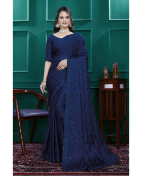 Multi-sequence and cut embroidery on a navy blue rangoli silk saree