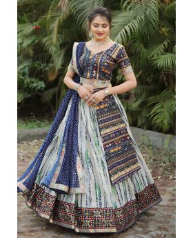 Navy Blue Slub  Cotton Navratri Chaniya Choli Digital Print.