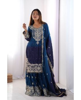 Navy Blue Chinon Silk Sharara Kurta Set with Rivet Moti