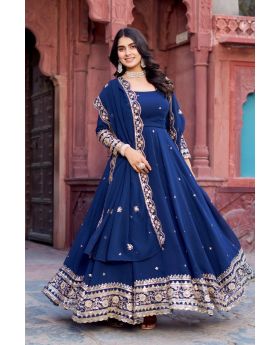Navy Blue Faux Georgette Gown with Thread and Sequin Work