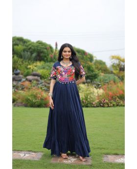 Navy Blue Festive Kutchi Gamthi Work Navratri Rayon Gown