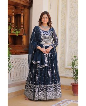 Navy Blue Heavy Fox Georgette Lehenga Set with Embroidery