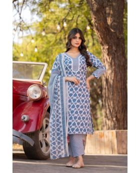 Navy Blue Stylish Printed Cotton Kurta Pant Dupatta Set