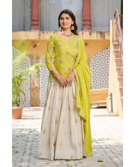Neon Green Embroidered Kurti Lehenga Dupatta Set Chinon & Tissue Silk