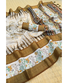 Soft Chanderi Crush Saree in Off White with Floral Prints