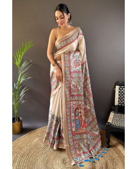 Sarees made of off-white Tussar silk with Madhubani designs
