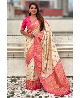 Off White Pure Patola Premium Silk Saree Zari Woven Work.