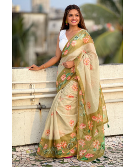 Zari Weaving Work in an Off White Soft Silk Saree