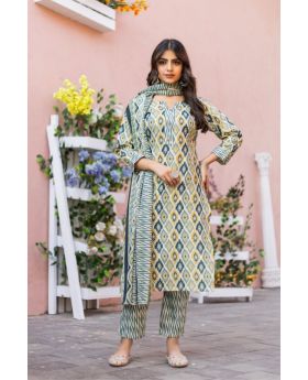 Olive Green Stylish Printed Cotton Kurta Pant Dupatta Set