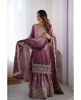 Onion Pink Chinon Silk Sharara Kurta Set with Rivet Moti