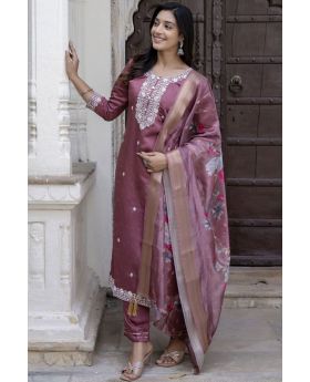 Onion Pink Elegant Chanderi Cotton Kurta Pant Set Embroidered
