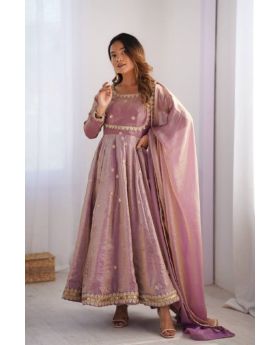Onion Pink Fandy Silk Anarkali Gown Set with Dupatta & Pant