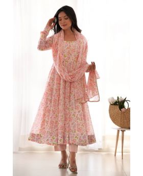Orange Chiffon Floral Print Anarkali Gown Dupatta Pant Suit Set