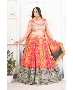 Orange digitally printed chinon silk Choli Dupatta Set in Lehanga