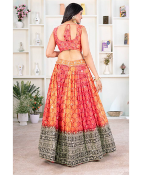 Orange digitally printed chinon silk Choli Dupatta Set in Lehanga