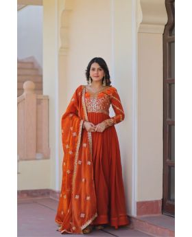 Orange Fendy Fabric Gown With Dupatta Sequins Embroidered work