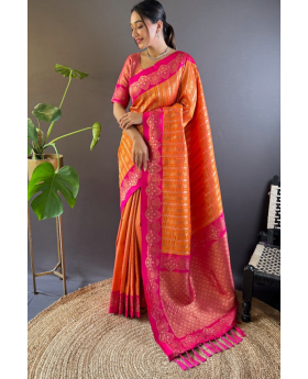 Soft silk sarees in orange with two original zari