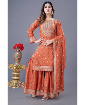 Three-piece embroidered kurti dupatta suit set in orange heavy georgette
