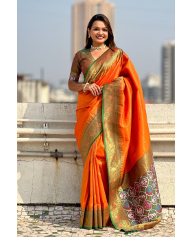 Floral-patterned orange Katki Silk Sarees