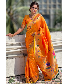 Sarees in orange Paithani with zari patterns throughout
