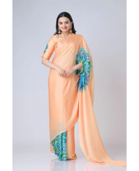 Digital Printing of an Orange Satin Creap Silk Saree