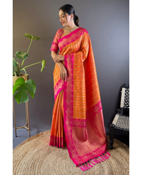 Paithani sarees in orange soft silk with peacock jaal