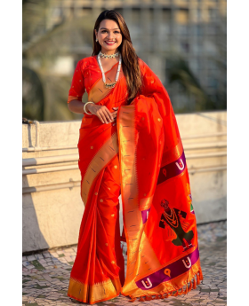 Sarees made of soft silk in orange with floral designs